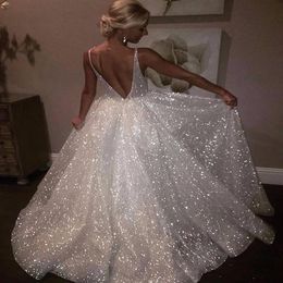 White Sparkle Sequined Wedding Dresses Deep V Neck Sexy Low Back Cheap Pageant Dress Bridal Gowns2630