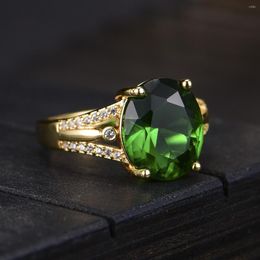 Cluster Rings Style Temperament Oval Imitation Emerald Tourmaline Open Ring 18K Gold Plated Female