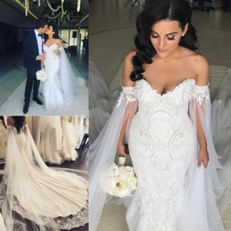 Plus Size 2019 Mermaid Wedding Dresses With Shawl Robe de mariee Applique Beading Pearls Wedding Gowns Court Train Sheath Bridal D228m