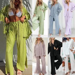 Women's Sleepwear Solid Pleated Shirt&pants Women Loose Pajamas Suit Sexy Split Pjs Summer Spring Long Home Clothes Loungewear