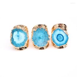 Cluster Rings Irregular Natural Stone Agate Slices Wide Open Ring For Women Gold Plated Boho Resizable Finger Jewelry