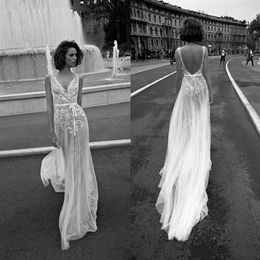 Liz Martinez Vintage Lace Floral Long Beach Boho Wedding Dress V-neck Backless People Bohemian Street Bridal Dresses209R