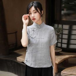 Ethnic Clothing 2023 Women's Summer Chinese Zen Tang Suit Qipao Top Style Stand Collar Short Sleeve Elegant Retro Cheongsam Blouse S252