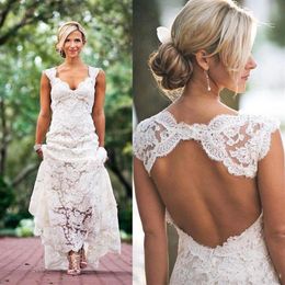 Full Lace Wedding Dresses Open Back A Line Pluging V-neck Cap Sleeves Bridal Gowns Custom Size Country Garden Wedding Gowns204h