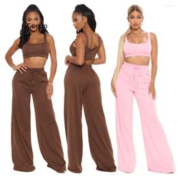 Women's Two Piece Pants Women Summer 2 Trouser Set Casual Bodycon Solid Color Outifts Sleeveless Crop Tank Top And Wide Leg