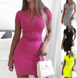 Vestidos Casuais New Thread Malha Verão Feminino Mini Vestido 2020 Sexy Gola Alta Manga Curta Bolsa Quadris Vestidos Magros Vestidos Zíper Neon Green Dress J230619