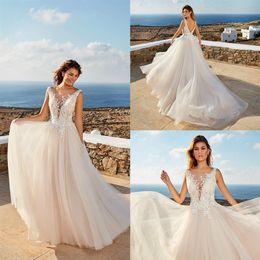 Eddy K A Line Wedding Dresses Sheer V Neck Lace Appliques Tulle Bridal Gowns Illusion Backless Beach Sweep Train Wedding robes de 265e