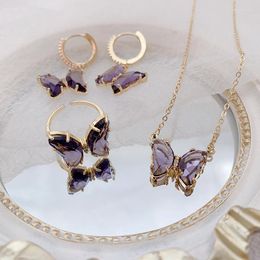 Necklace Earrings Set 2023 Fashion Amethyst Transfer Female Sweet Purple Women Elegant Butterfly Ring Three Piece