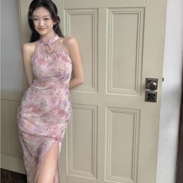 Casual Dresses Slim Sexy Mesh Dress Chinese Style Sleeveless Mandarian Collar Side Split Cheongsam Pink Floral Bodycon Length Party