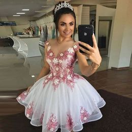 High Neck Tulle Short/Mini Homecoming Dresses With 3D Flowers Lace Appliques A-line Formal Prom Crystal Birthday Graduation Cocktail Party Gown