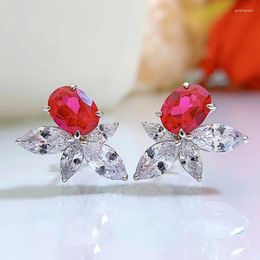 Stud Earrings Luxury Simple Silver 925 Jewellery Women's Ruby 6 8MM Oval Cut Diamond Fine For Woman 2023 Gifts