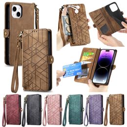 Zipper Geometry Leather Wallet Cases For Iphone 15 14 Pro Max Plus 13 12 11 X XR XS 8 7 6 Retro PU Leather Card Slot Pocket Magnetic Soft TPU Phone Flip Cover Pouch Purse