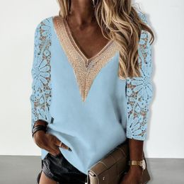 Women's Blouses Fashion V-Neck Crochet Floral Pattern Hollow Lace 3/4 Sleeves Chiffon Shirt Women Patchwork Colour Pullover Streetwear