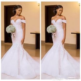 2021 Real pics African Black Women Mermaid Wedding Dresses Bridal Gowns Off Shoulder Lace Appliques Slim Beautiful Ladies Vestidos248w