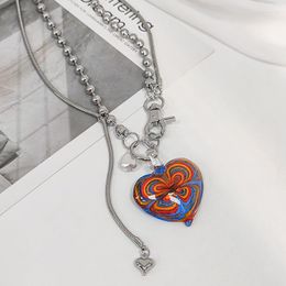 Pendant Necklaces 2023 Style Vintage Coloured Glaze Heart Necklace Female Painted Round Bead Chain Clavicle Trendy Jewellery