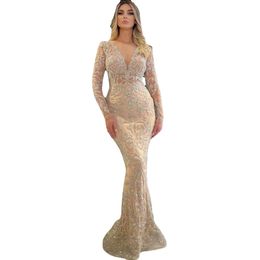 Champagne Glitter Evening Dresses sexy V Neck Long Sleeves Sequins Prom Gown Custom Made Formal Party Front Split Floor Length Vestido de novia