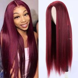 Nxy Hair Wigs 14 30inch Long Straight Burgundy Lace Wig Wine Red Middle Part Synthetic t Closure for Women Daily Use 230619