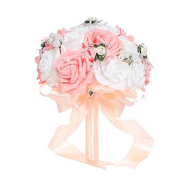 Pink Artificial Bridal Bouquet Bride Wedding Flowers Ribbon Handle Romantic Buque De Noiva 6 Colors W5581232a
