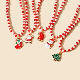 Pendant Necklaces 1PC Acrylic Beaded Necklace Multicolor Christmas Enamel Tree Sock Snowman Santa Claus For Women Party Gifts