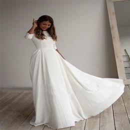 Abito da sposa semplice maniche lunghe Una linea Crepe scollo a barchetta Abiti da sposa eleganti con tasche Taglie forti robe de mariee2285