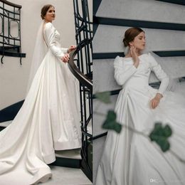 Elegant Dubai Said Mhamad Plus Size A Line Wedding Gowns Batrau Neck Pleats Long Sleeves Court Train Draped Ruched Bridal Dresses 178S