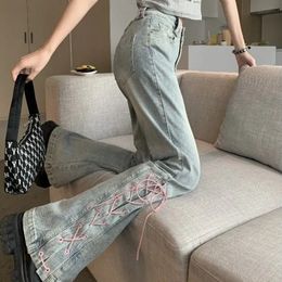 Women's Shorts MEXZT Y2K High Waist Jean Vintage Bandage Slit Slim Flare Denim Pants Female Korean Streetwear Casual Wide Leg Trousers 230619