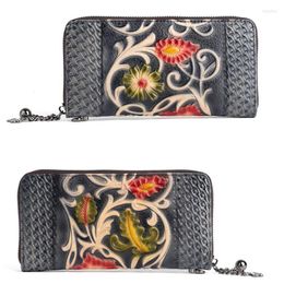 Wallets Retro Genuine Leather Women's Fallow Long Ladies Zipper Wallet Clutch Bag Female Red Purse Flowers Wristlet Purses