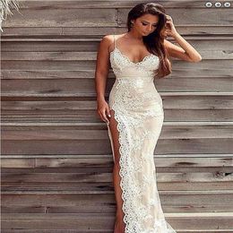 Sexy High Slit Lace Wedding Dresses With Spaghetti Straps White Lace Applique Champagne Satin Sheath Beach Backless bridal Gown Ch228S