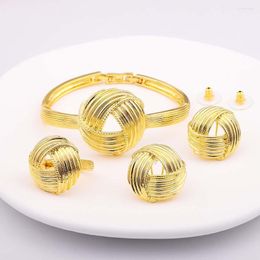 Necklace Earrings Set Dubai 24K Gold Plated Copper Twisted Weave Bracelet Bangle Finger Ring Earring Jewellery Nigerian Women Wedding
