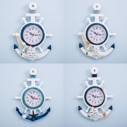 Wall Clocks Mediterranean Style Blue White Rudder Helmsman Anchor Creative Personality Clock Electronic Watch Decorative Nautical