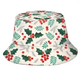 Berets Holly Pattern Korean Ladies Outdoor Sun Hat Bucket Cap Christmas Cute Holidays Winter Merrychristmas Happyholidays