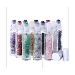 Verpackungsflaschen für ätherische Öle, 10 ml, klare Glasrolle, mit zerkleinertem Naturkristall, Quarzstein, Rollerball, Sier-Schnitt, DDHKME