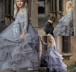 Tulle Little Tiered Pageant Dresses Jewel Neck Lace 3D Floral Appliqued Pearl Flower Girls Dress Modest Long Sleeve Kids Wedding Gowns