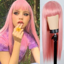 Nxy Hair Wigs Pink Brown Gray Long Straight with Bangs Heat Resistant Synthetic Ombre Color Two Tone Cosplay for Women 230619