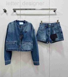 Two Piece Dress designer Brand Designer Denim Women Sports 2 Pieces Set Single Breasted Long Sleeve O-neck Jacket Triangle Shorts Suit 2023 Outfits Casual