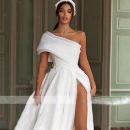 High-split Wedding Dresses Big Bow Appliqued 2020 Newest A Line Beach One-shoulder Bridal Gown Custom Made Ruched Satin Long Robes297m