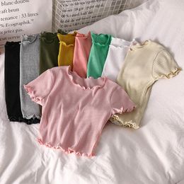 Women's T Shirts OUMEA Rib Knit Crop Tops Women Short Sleeve Tshirts Summer Basic Lettuce Edge Simple For Solid Casual Slim Fit