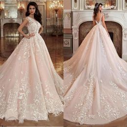 Gorgeous Blush Pink Bridal Gowns Wedding Dresses Ball Gown Sheer Neck 3D Flowers V Back Appliqued Lace Wedding Dress255d