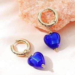 Hoop Earrings Trendy Gold Color Small Huggie With Blue Pendant Elegant Women Heart Earring