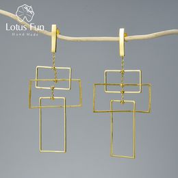 Dangle Chandelier Lotus Fun Real 925 Sterling Silver Fine Jewelry Fashion Elements 18K Gold Geometic Rectangular Design Dangle Earrings for Women 230617