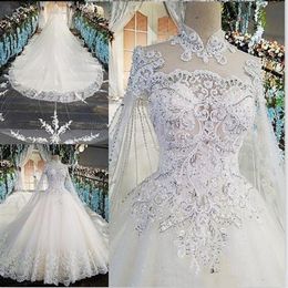 White High Neck Ball Gown Country Wedding Dresses Plus Size Beads Blings Real Po vestidos de noche Satin Bridal Downs Wrap2018