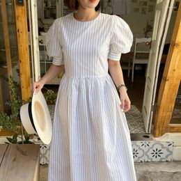 Party Dresses Vintage Temperament Elegant Vestidos Stripe Design Waist Slim Long Puff Sleeve Robe 2023 Summer Korean Chic Simple Dress