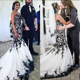 Plus Size Arabic Mermaid Wedding Dresses 2021 Sweetheart Black Lace Appliques Bridal Gown Sexy Backless Court Train Vestidos De No268n