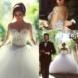 Luxurious Rhinestones Crystal Ball Gown Wedding Dresses Vintage O Neck Long Sleeves Backless Plus Size Floor-length Bridal Gowns2807