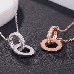 Original designer Carter Double Ring Necklace 925 Sterling Silver Mobius Plated Rose Gold Big Cake Pendant Collar Chain Female Straight U1VO