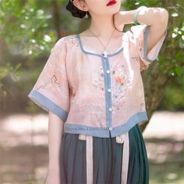 Ethnic Clothing 2023 Women Hanfu Tops Chiffon Blouse Chinese Vintage Flower Print Traditional Service Shirt Retro Streetwear