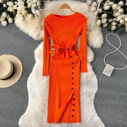 Casual Dresses Chic Sexy Split Pencil Dress Knit Cut Out Elegant Robe Hollow Vestidos Evening Party Fashion Long Sleeve Autumn Sweater