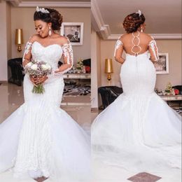 African Beading Lace Mermaid Wedding Dressess Luxury Sheer Long Sleeves Appliques Pearls Wedding Bridal Gowns Plus Size Bridal Ves189T