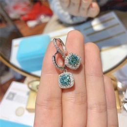 Dangle Chandelier Sterling Silver 1CT Blue Green Dangle Earrings 14K White Gold 4 Claw Gemstone Diamond Earrings For Women Fine Jewellery 230617