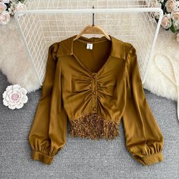 Women's Blouses Spring And Autumn Korean Style Fashion V-neck Pleated Shirt Female Design Sense Niche Feather Stitching Long-sleeved Top